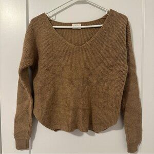 Aritzia Wilfred Caramel Merino Wool V-Neck Waffle Sweater Size Small Women’s